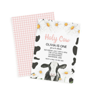 Holy Cow I'm One Pink Gingham Daisy Birthday Invitation
