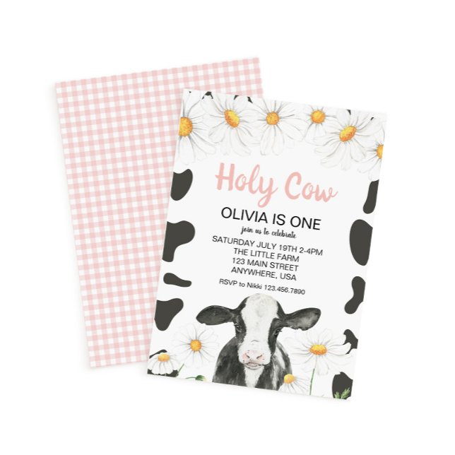 Holy Cow I'm One Pink Gingham Daisy Birthday Invitation (Creator Uploaded)