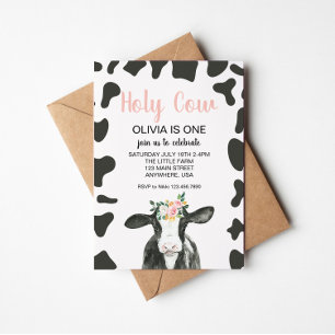 Holy Cow I'm One Pink Gingham floral Birthday Invitation