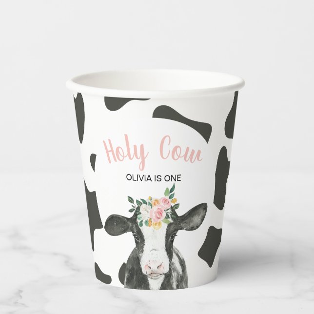 Holy Cow I'm One Pink Gingham floral Birthday Paper Cups (Front)