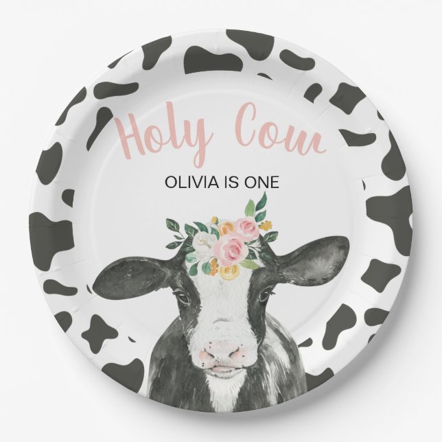 Holy Cow I'm One Pink Gingham floral Birthday Paper Plate (Front)