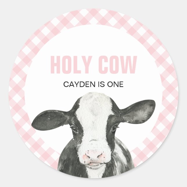 Holy Cow I'm One Pink Plaid birthday Classic Round Sticker (Front)