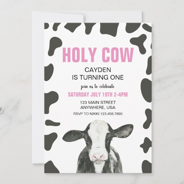 Holy Cow I'm One Pink Plaid Birthday Invitation (Front)