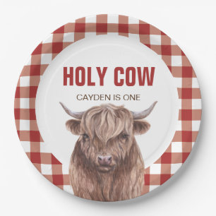 Holy Cow I'm One Red Plaid birthday Paper Plates