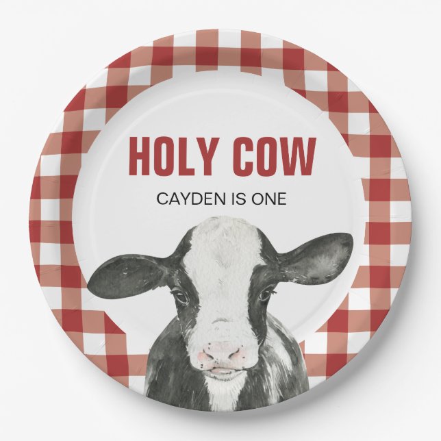 Holy Cow I'm One Red Plaid birthday Paper Plates (Front)