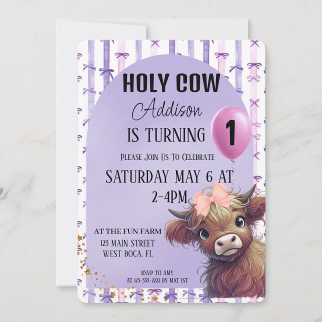 Holy Cow I'm One Watercolor Purple Bow Invitation (Front)
