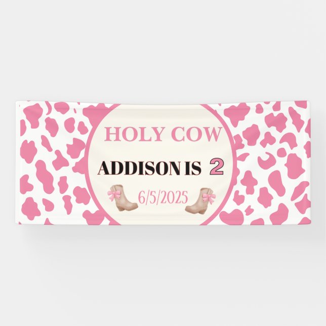 Holy Cow I'm Two Cow Print Birthday Banner (Horizontal)