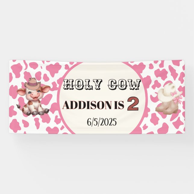 Holy Cow I'm Two Cow Print Birthday Banner (Horizontal)