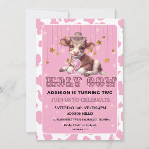 Holy Cow I'm Two Pink Coquette Birthday Party Invitation