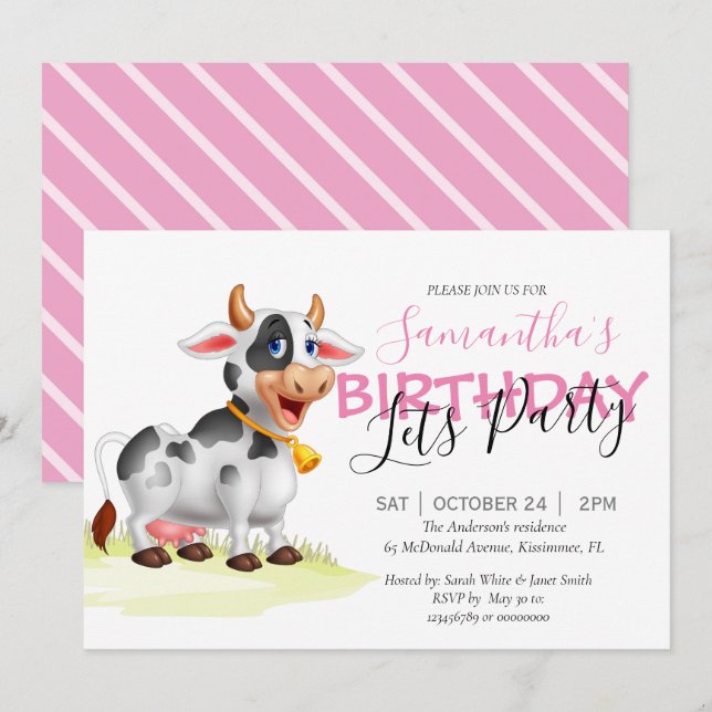  Holy Cow, It’s a Pink Birthday Party Announcement (Front/Back)