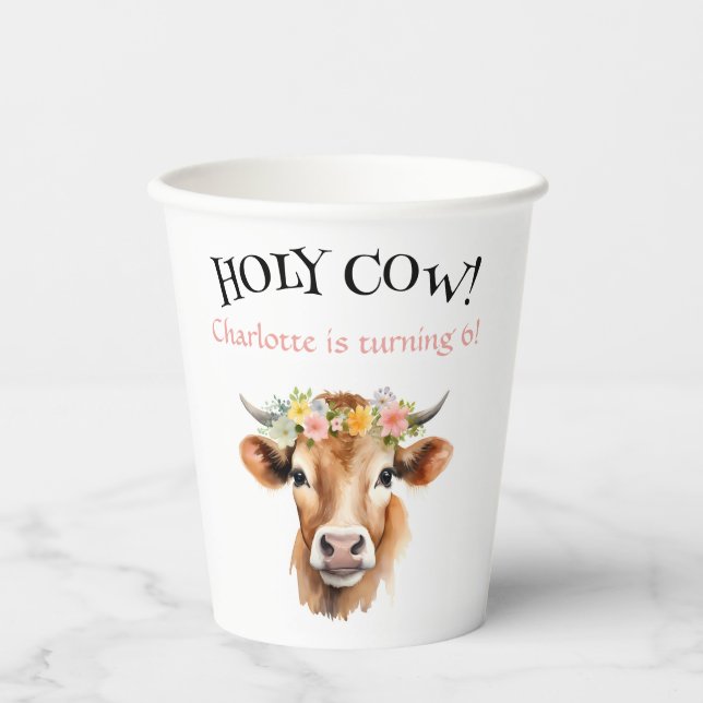 Holy Cow Jersey Cow Floral Girl's Birthday Paper Cups (Front)