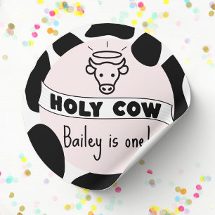 Holy Cow Kid Birthday Party Cow Print Cute Modern  Classic Round Sticker