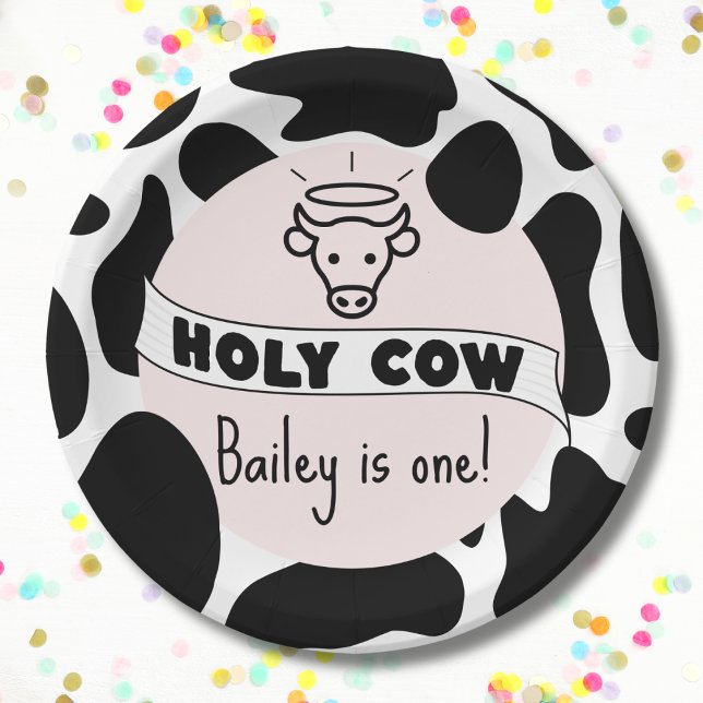 Holy Cow Kid Birthday Party Cow Print Cute Modern  Paper Plate (Holy cow birthday plate with custom name and age cow print pink bday party plate)
