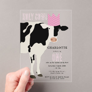 Holy Cow Kids Birthday Cow Party Pink Girl Acrylic Invitations