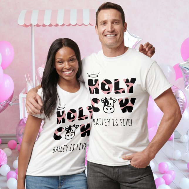 Holy Cow Kid's Birthday Name and Age Parents T-Shirt (Holy Cow birthday shirt for parents kids bday party cow print pink custom name and age)
