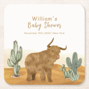 Holy Cow minimal Boho Cactus Desert Baby Shower  Square Paper Coaster