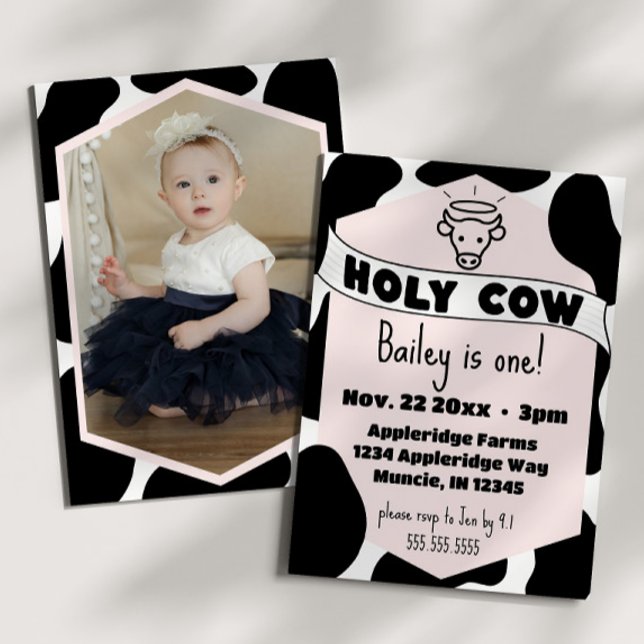 Holy Cow Photo Kid Cow Print Cute Modern Birthday  Invitation (Holy cow cute kid's birthday party invitation pink cow print modern bday invite )