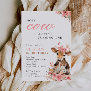 Holy Cow Pink 1st Birthday Party Invitation