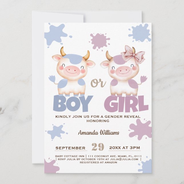 Holy cow  pink blue gender reveal  invitation (Front)