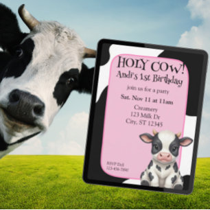 Holy Cow, pink, cow 1st Birthday Invitation