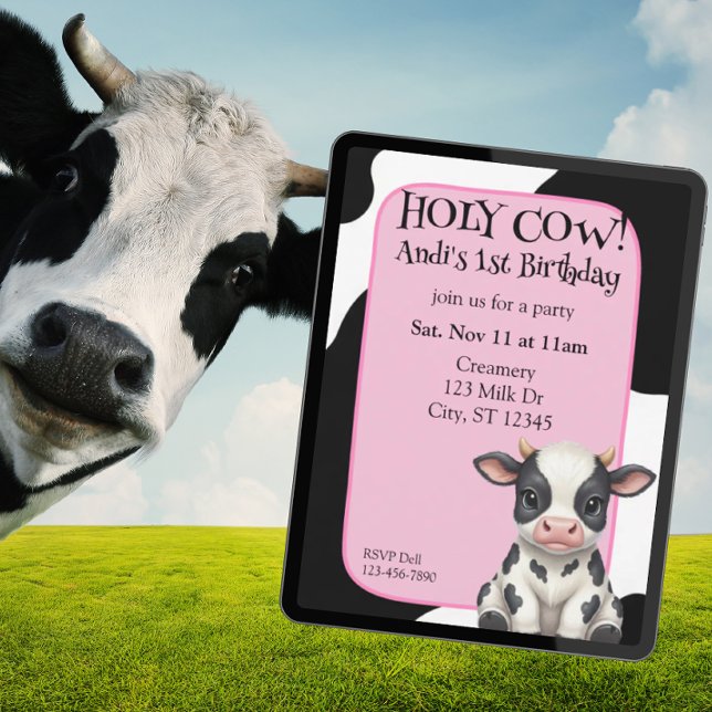 Holy Cow, pink, cow 1st Birthday Invitation (Creator Uploaded)