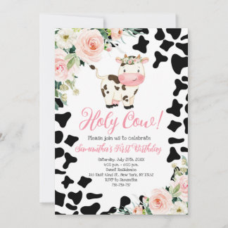 Holy Cow Pink Floral First Birthday Party Invitation