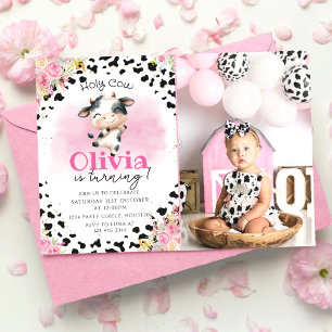Holy Cow Pink Floral Girl 1st Birthday Invitation