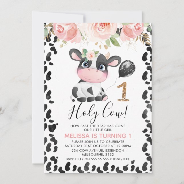 Holy Cow Pink Floral Gold One 1st Birthday Invitation (Front)