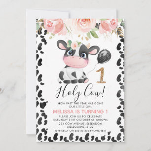 Holy Cow Pink Floral Gold One 1st Birthday Invitation