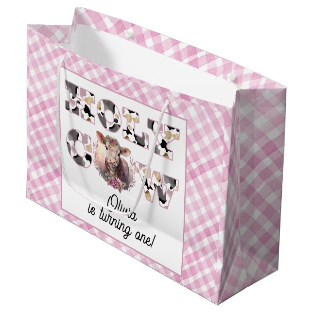 Holy Cow Pink Gingham Girl Birthday Gift Bag (Front Angled)