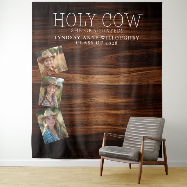 Holy Cow! Rustic Graduation Photo Backdrop Tapestry (In Situ)