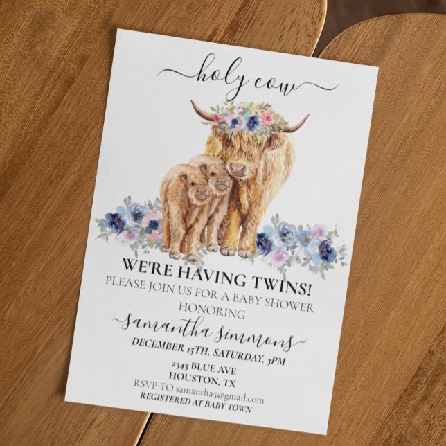 Holy Cow Twins Highland Calf Baby Shower Pink Blue Invitation (Creator Uploaded)