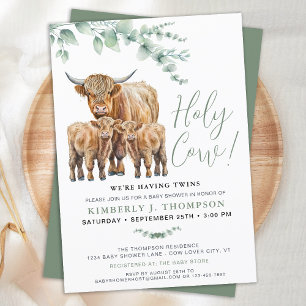 Holy Cow Twins Highland Calf Greenery Baby Shower Invitation