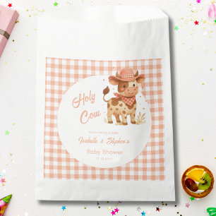 Holy Cow We're Having A Baby Rustic Peach Plaid  Favour Bag