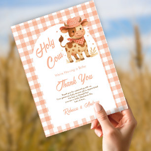 Holy Cow We're Having a Baby Rustic Peach Plaid Thank You Card