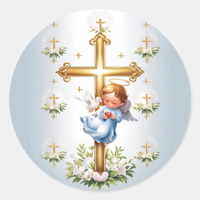 Holy Cross and Cupid Christian Classic Round Sticker (Front)