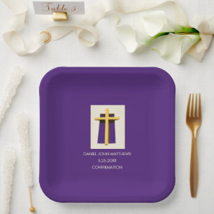 Holy Cross and Purple Religious Confirmation Paper Plate