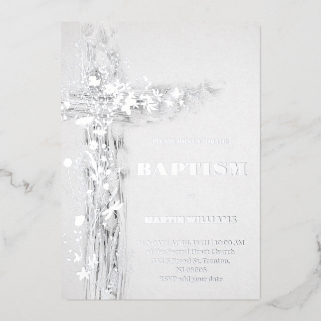 Holy cross Baptism silver foil Invitation (Front)