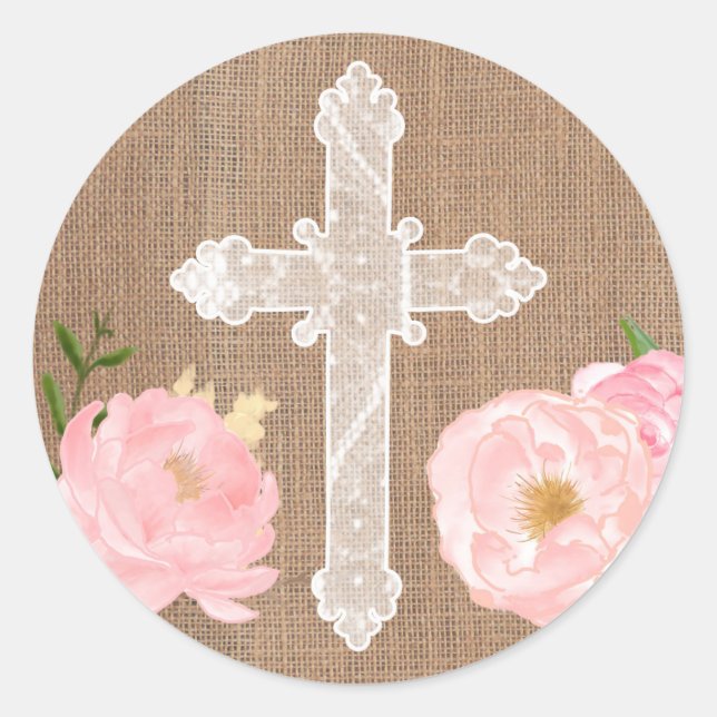 Holy Cross sticker, white Cross with pink flowers Classic Round Sticker (Front)