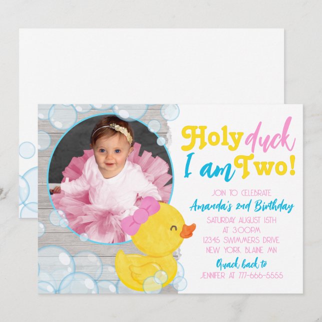 Holy Duck I'm Two Girl Ducky Photo Birthday Invitation (Front/Back)