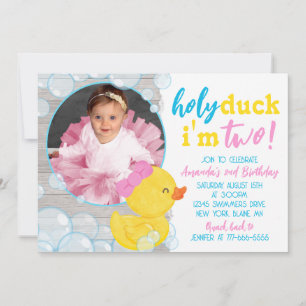 Holy Duck I'm Two Rubber Duck Photo Birthday Invitation