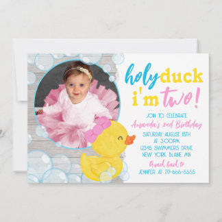 Holy Duck I'm Two Rubber Duck Photo Birthday Invitation