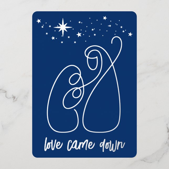 Holy Family Christmas Minimal Line Art Blue Foil Holiday Card (Front)