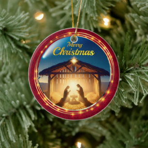 Holy Family Manger Nativity Scene Merry Christmas Ceramic Ornament