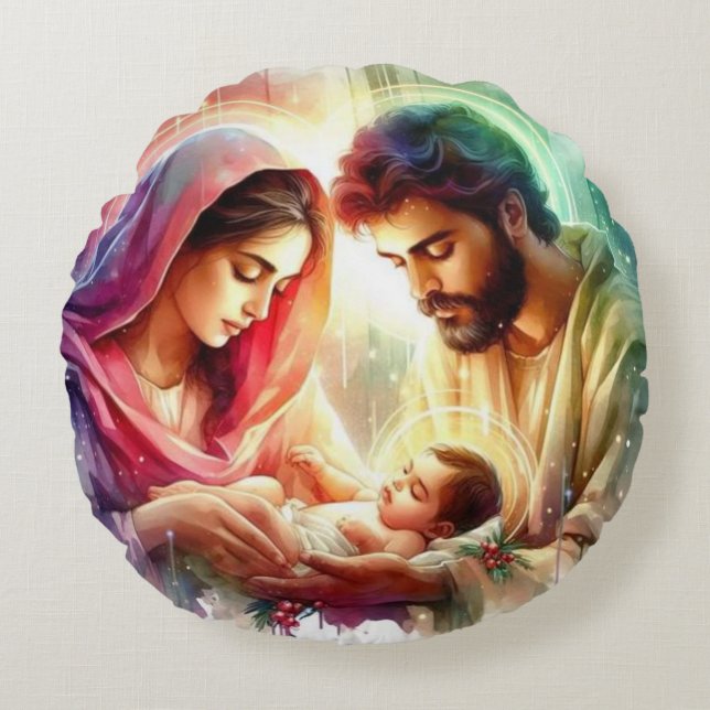 Holy Family Radiance: A Nativity Blessing Round Cushion (Front)