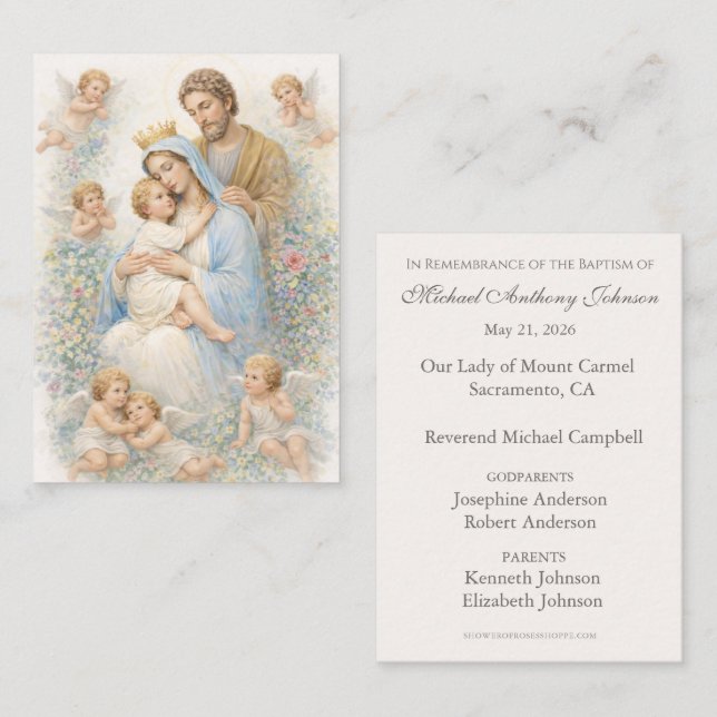Holy Family with Angels Floral Baptism Remembrance Business Card (Front/Back)