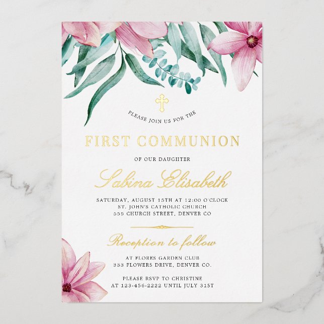 Holy first communion floral pink elegant gold (Front)