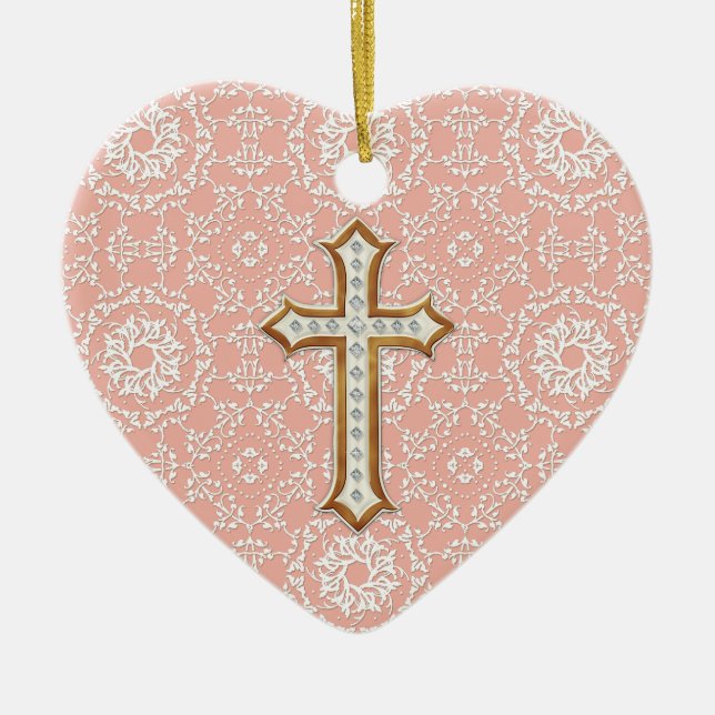 Holy First Communion Gold Golden Cross Lace Girl Ceramic Tree Decoration (Front)