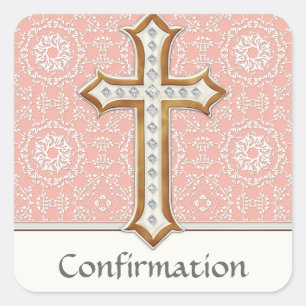 Holy First Communion Gold Golden Cross Lace Girl Square Sticker