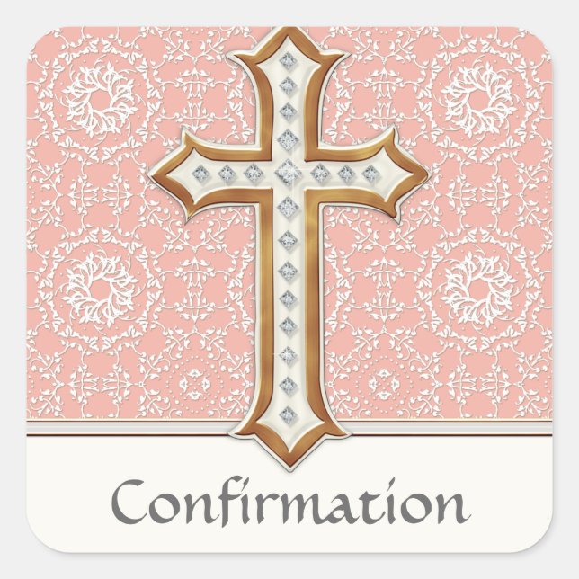 Holy First Communion Gold Golden Cross Lace Girl Square Sticker (Front)